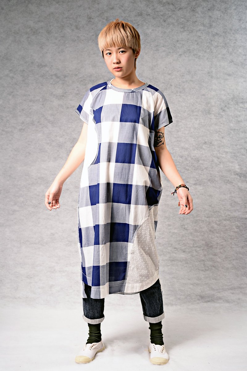 弧形幾何色塊拼接 清爽洋裝 - 洋裝/連身裙 - 棉．麻 藍色