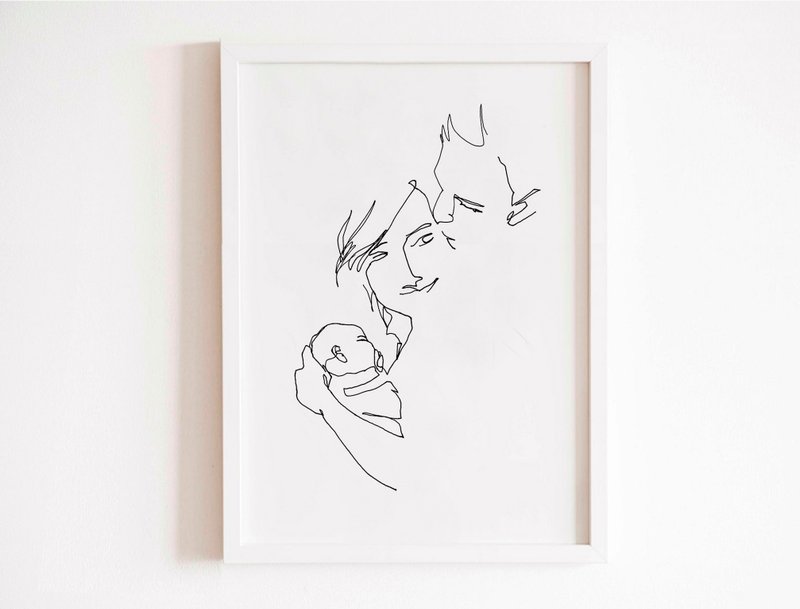 Fashion minimalist line drawing 3 people without words family portrait portrait painting anniversary customized gift - Customized Portraits - Paper 