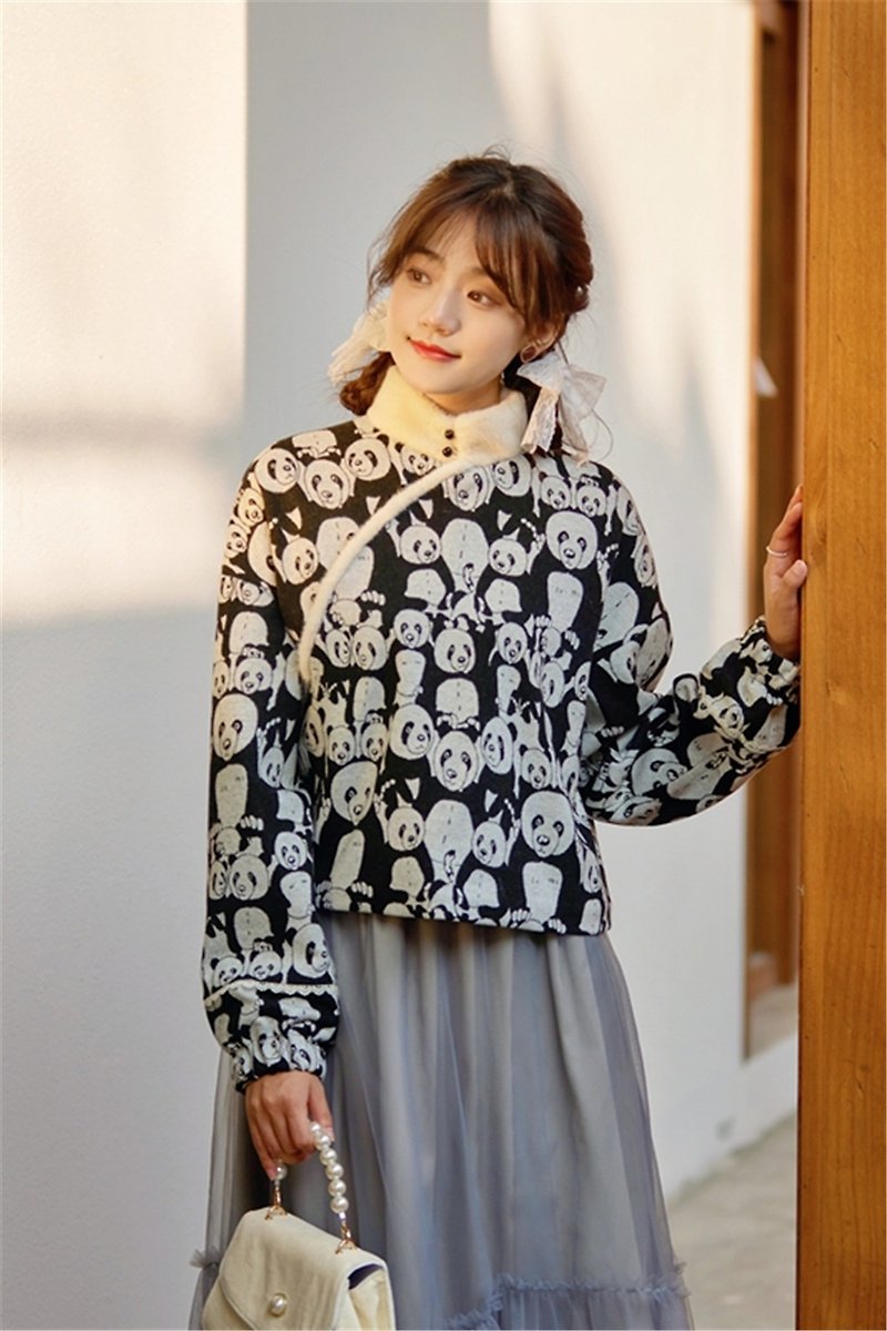 Black and white woolen autumn and winter diagonal panda print fur collar coat new Chinese mid-autumn and spring festival improved top - Women's Casual & Functional Jackets - Polyester Black