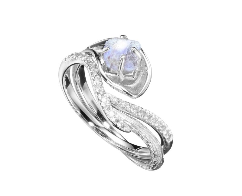 月光石14k金鑽石馬蹄蓮結婚戒指組合 海芋花原石密鑲求婚戒指套裝 - 對戒 - 貴金屬 白色