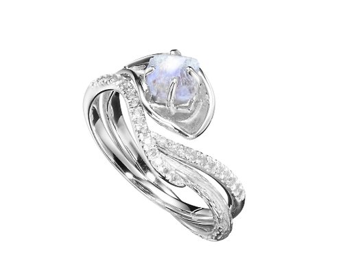 Majade Jewelry Design 月光石14k金鑽石馬蹄蓮結婚戒指組合 海芋花原石密鑲求婚戒指套裝