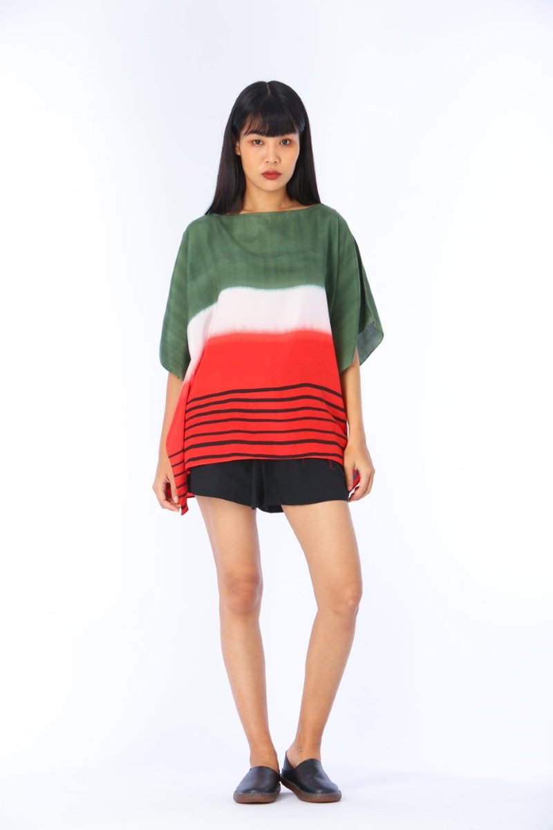 Poncho Blouse Cotton Silk Hand Painted for Summer resort vac - 女上衣/長袖上衣 - 棉．麻 紅色