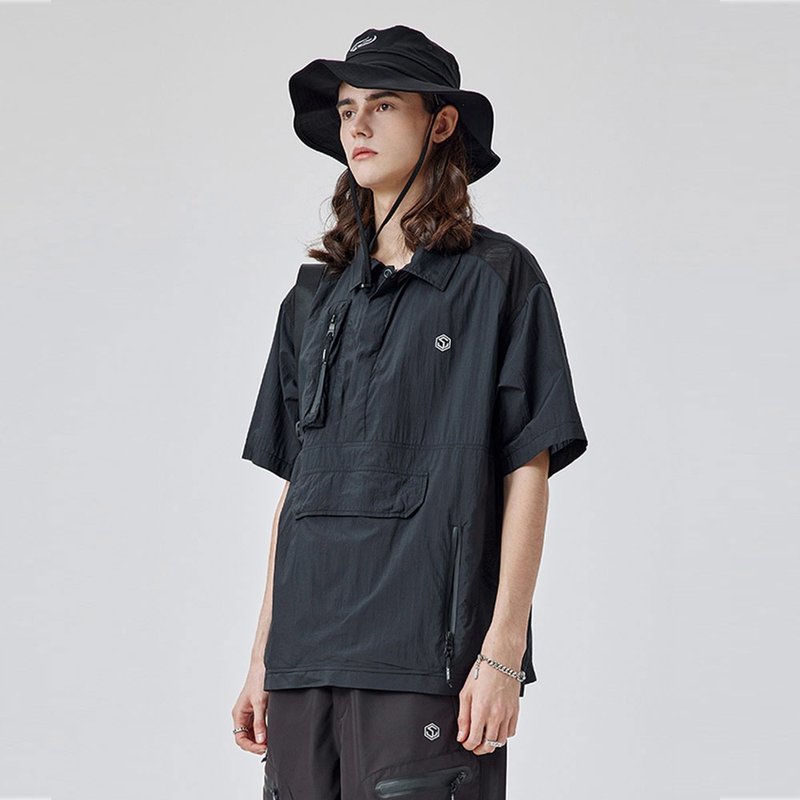 Function wind black head short sleeve shirt men's summer breathable shirt - เสื้อเชิ้ตผู้ชาย - ผ้าฝ้าย/ผ้าลินิน 