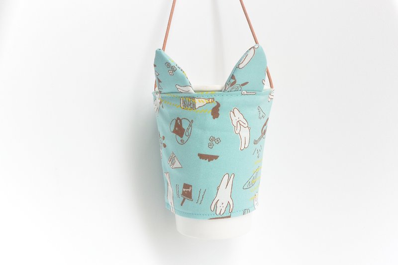 兔耳朵環保杯套- 兔子 藍 - 杯袋/飲料提袋 - 棉．麻 藍色