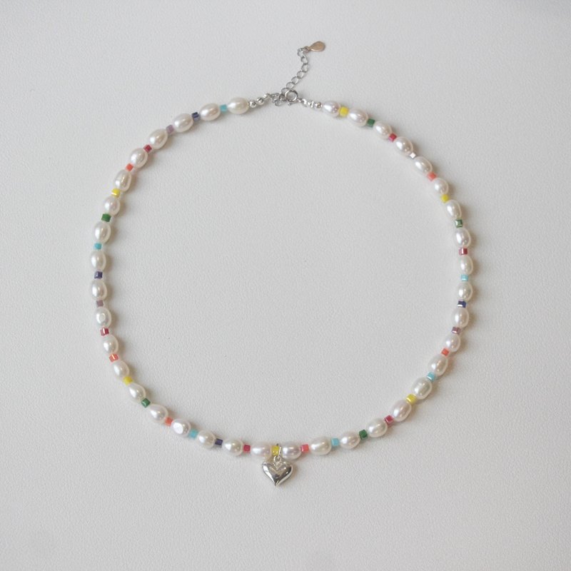 【甜酷人生】彩虹糖果天然珍珠愛心項鏈 - 項鍊 - 半寶石 多色