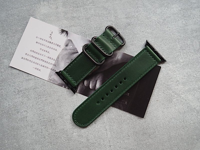 純手工牛皮墨綠色蘋果Applewatch錶帶 顏色款式可客製化 可刻字 - 錶帶 - 真皮 綠色