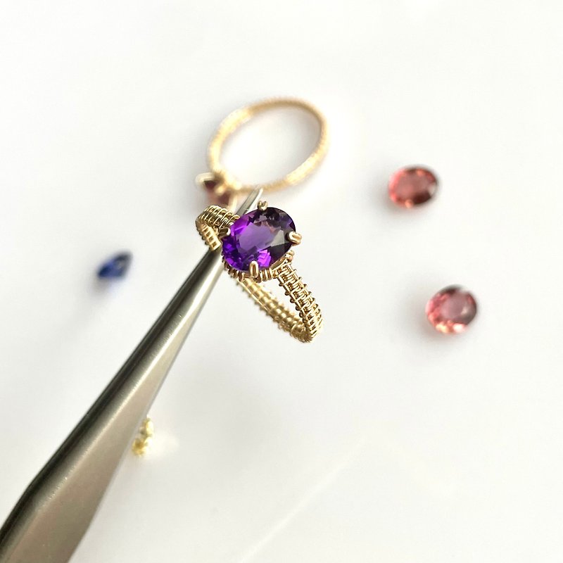 紫水晶爪鑲閉口戒指 繞線設計極簡指環 14k注金鑲石戒指 - 戒指 - 半寶石 