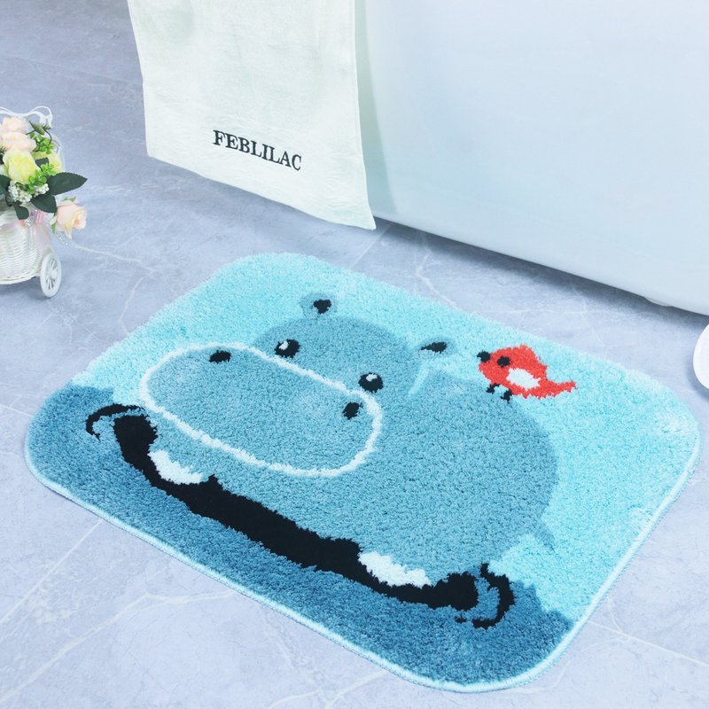 Blue Hippo Bath Mat Cute Soft Absorbent Non-slip Bathroom Rug Floor Pad - พรมปูพื้น - เส้นใยสังเคราะห์ สีน้ำเงิน