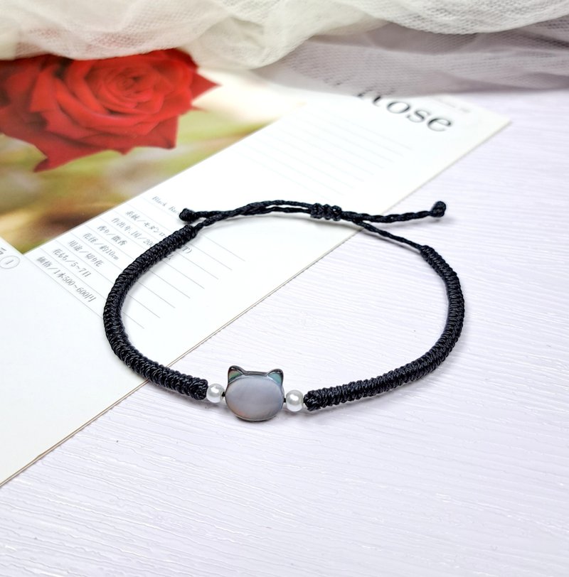 天然白蝶貝貓咪 手繩 客製化手繩 手環 女生手繩 TBC007 - 手鍊/手環 - 純銀 黑色