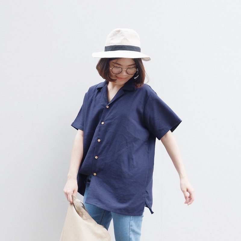 Hawaii Shirt (oversize , unisex style) : navy - 女短褲/五分褲 - 棉．麻 藍色