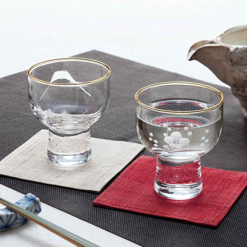 Edo Kiriko Sake Cup Pair Set - Bar Glasses & Drinkware - Glass Transparent