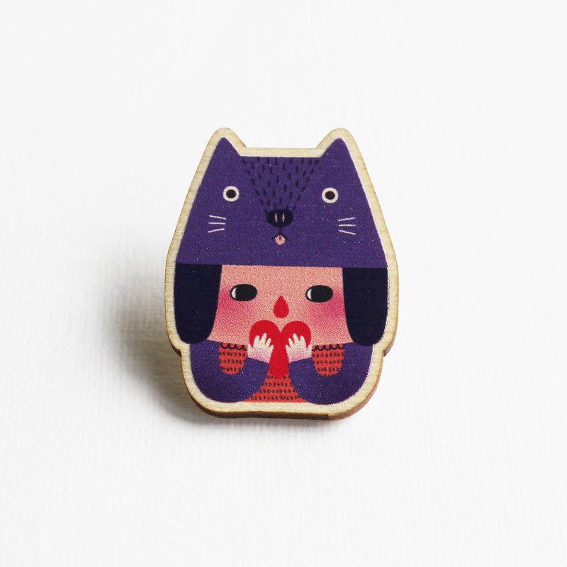 The Cat Girl Printed Wooden Pin Badges - Brooches - Wood Purple