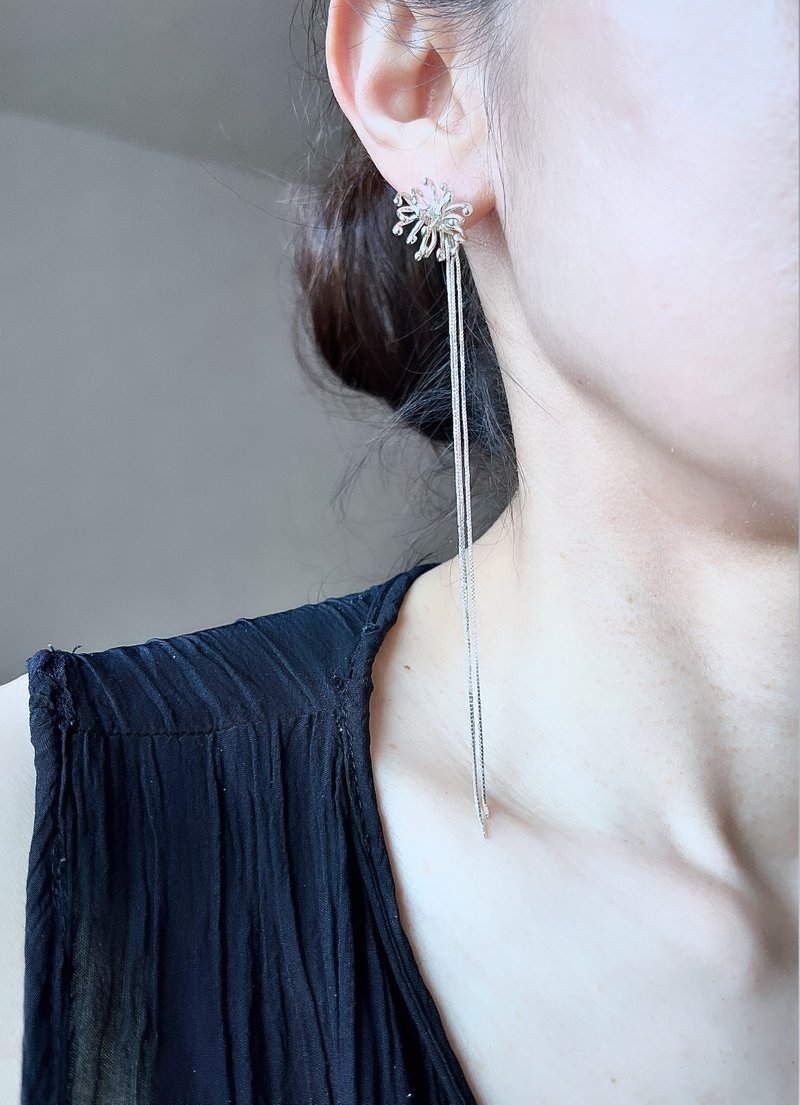 Botanical Fringe Earrings　Sterling Silver Chain Fringe Plant Motif Earrings - ต่างหู - เงินแท้ สีเงิน