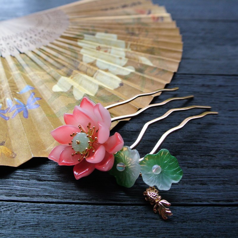 【墨徽閣】滿荷葉軟簪/髮釵/四齒大髮梳-共七色 - 髮夾/髮圈 - 銅/黃銅 粉紅色