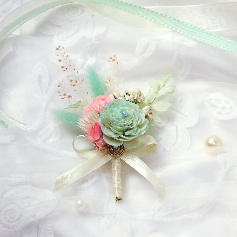 [Customized] Dry corsage - Tiffany Blue and Pink lake Teal pink contrast color corsage - เข็มกลัด/ข้อมือดอกไม้ - พืช/ดอกไม้ สีเขียว