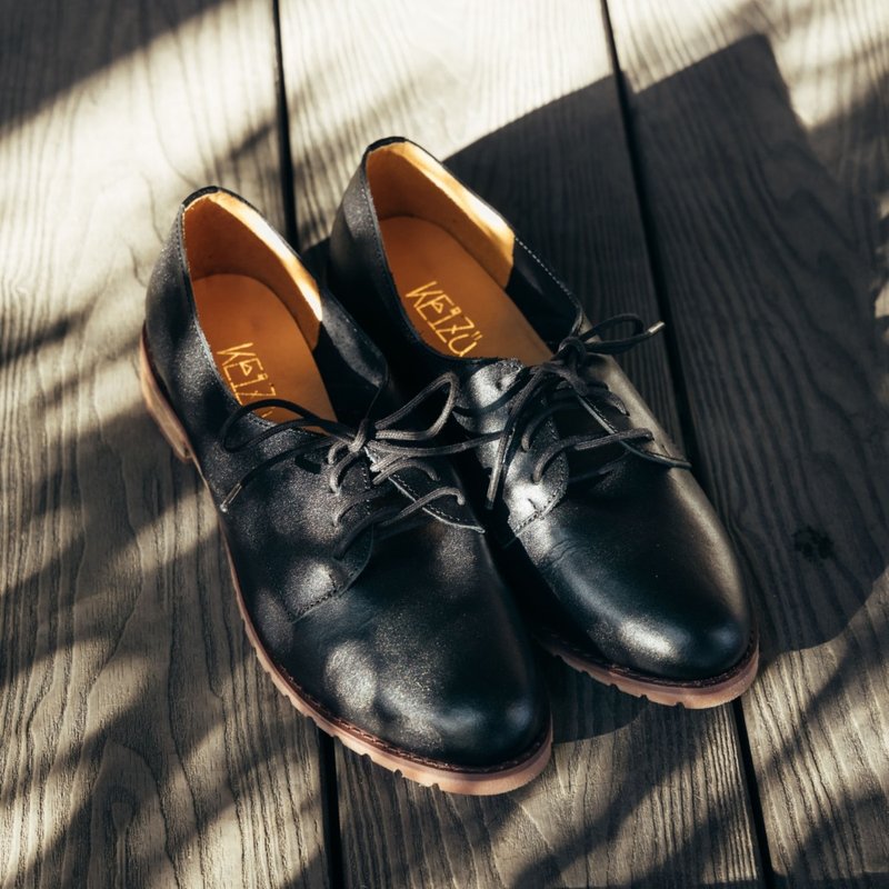 Wooden Heel Classic Derby Shoes | Black | Taiwan Handmade Shoes MIT - รองเท้าอ็อกฟอร์ดผู้หญิง - หนังแท้ สีดำ