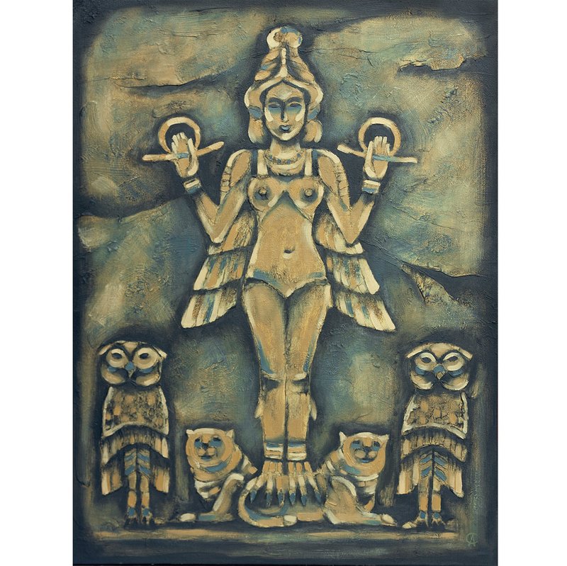 Goddess Inanna Painting Spiritual Original Art Mythology Artwork Oil Canvas - 海報/掛畫/掛布 - 其他材質 橘色
