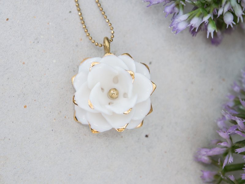 Thai Blossom ~ white & gold porcelain flower pendant ~ size S. - Necklaces - Pottery Gold