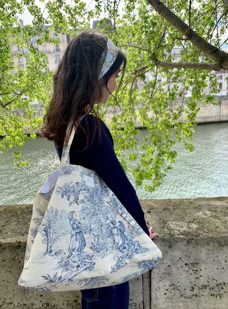 Antique French Print Cotton Shoulder Shopping Bag Blue - Handbags & Totes - Cotton & Hemp Blue