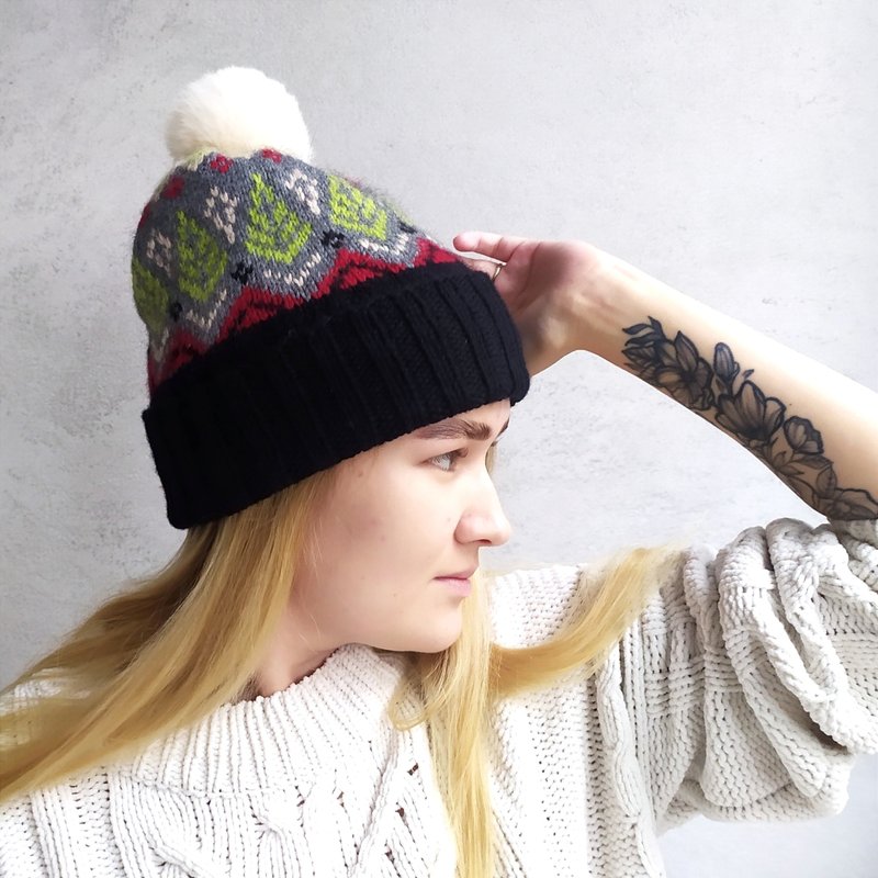 Warm knitted jacquard pompom hat | レディース帽子 - หมวก - ขนแกะ หลากหลายสี