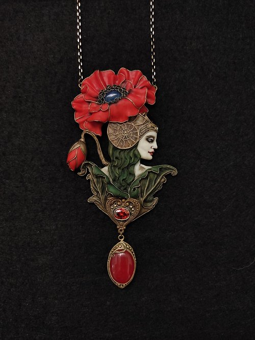 Lorentina Red Poppy necklace,Art Nouveau Romantic Flower,Jewelry Nature Pendant, Poppy