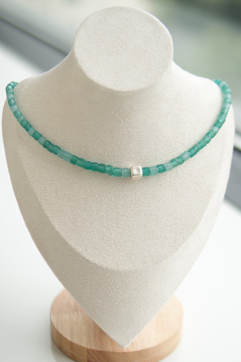 Old colored glaze clavicle necklace blue green ancient colored glaze + Silver 999 cubes - สร้อยคอทรง Collar - กระจกลาย 