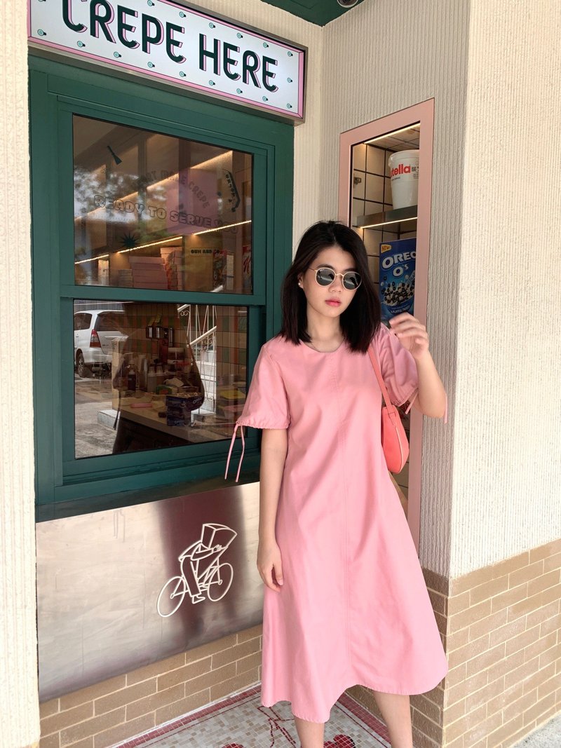 BIRUCHU A-LINE COTTON DRESS - Pink Long dress, cotton fabric, pink color, turquoise, short sleeves, plaid - 洋裝/連身裙 - 棉．麻 粉紅色