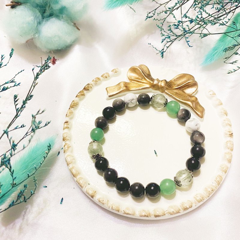 【Customized gift】Couple practice green ghost Dongling jade Silver obsidian white Stone - Bracelets - Crystal Green