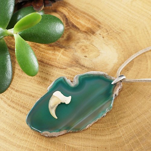 AGATIX Green Agate Slice Slab Bobcat Claw Protection Pendant Necklace Woman Man Jewelry