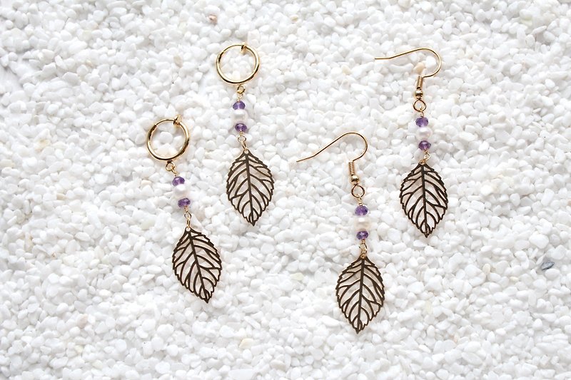 【FEBRUARY 2-birthstone-Amethyst】 leaves hanging earrings (Customizable clip-on) - ต่างหู - เครื่องเพชรพลอย สีม่วง