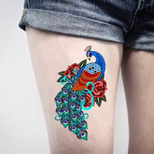 OhMyTat OhMyTat 彩色孔雀 Peacock Color 刺青圖案紋身貼紙 (2 張)