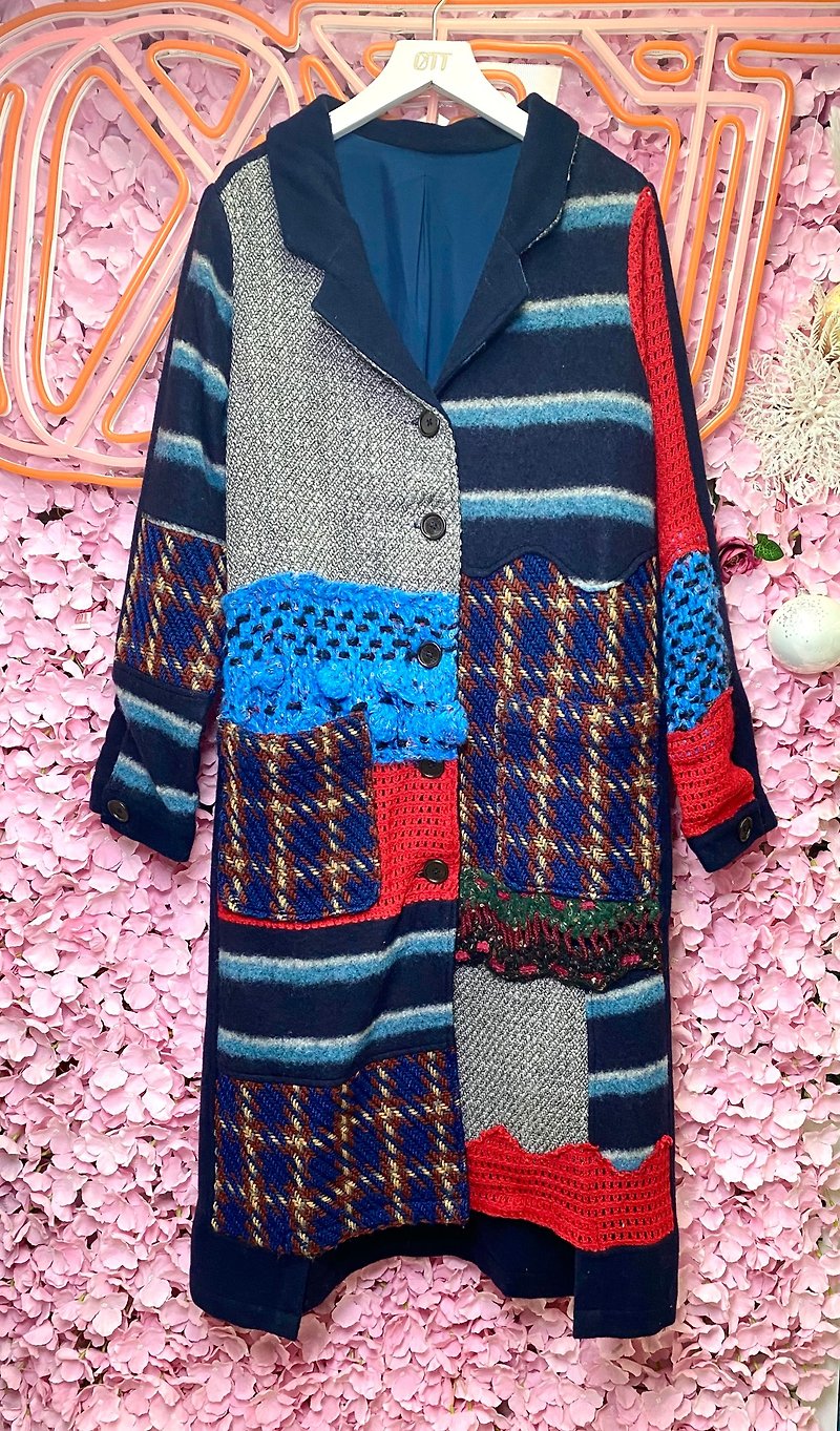 OTT獨一無二•Unique日系撞色拼布手織手編手鈎西裝領長外套 - 男夾克/外套 - 羊毛 多色