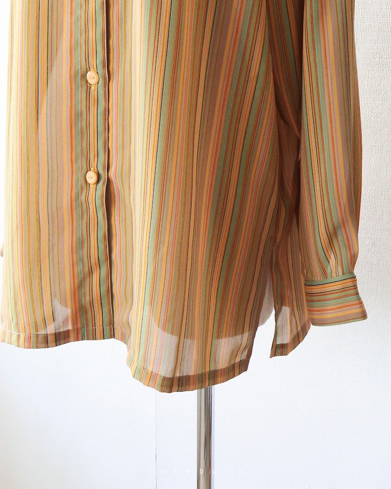 Spring and summer retro straight stripe printed long-sleeved yellow loose vintage shirt - Women's Shirts - Polyester Orange