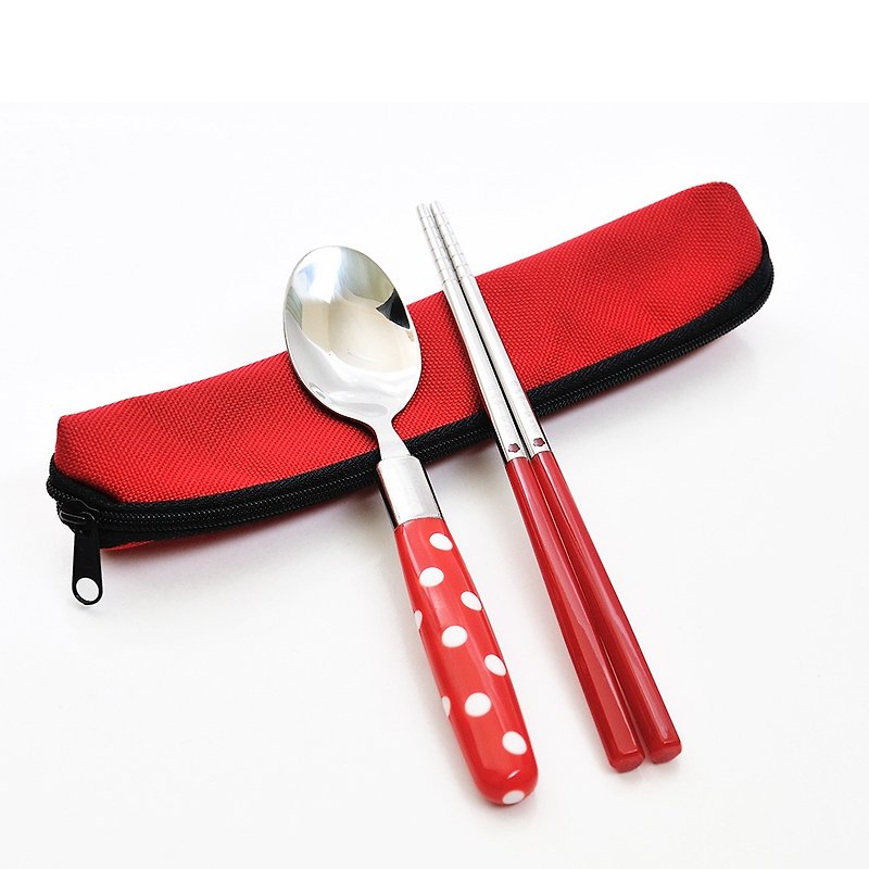台灣第一筷。紅色點點餐具組。小件筷匙組。拉鍊包 - 筷子/筷子架 - 其他金屬 紅色