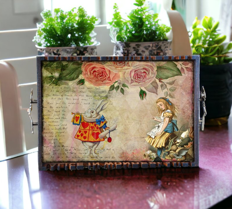 Alice in Wonderland Wood Serving Tray Breakfast coffee table tea Tray - 托盤/砧板 - 木頭 多色