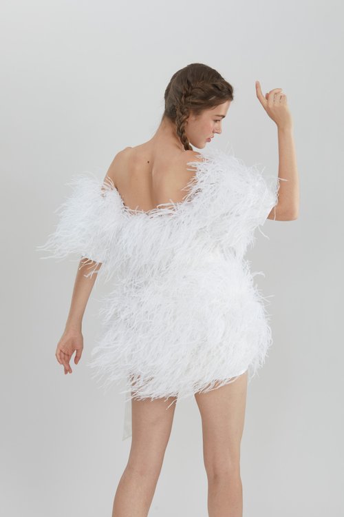 off the shoulder feather dress white