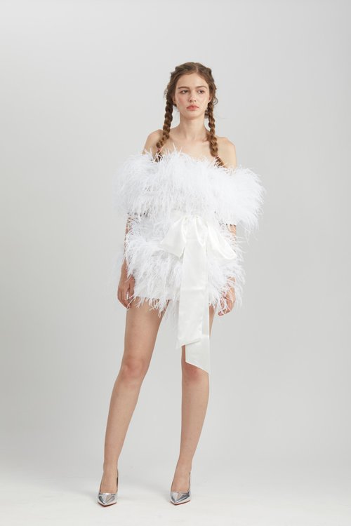 off the shoulder feather dress white