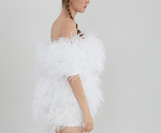 off the shoulder feather dress white