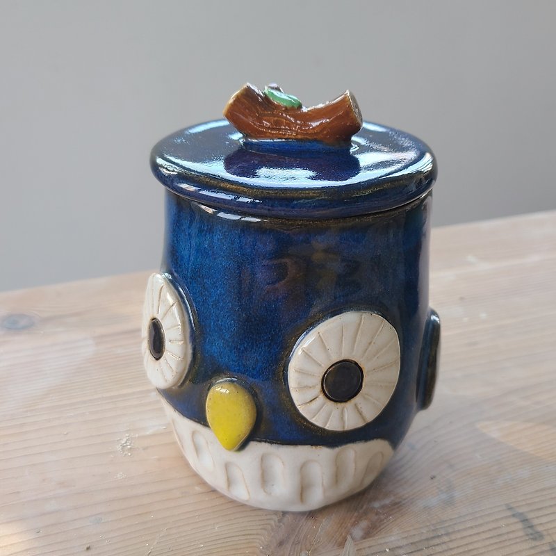 有蓋可愛藍色貓頭鷹陶藝杯 - 咖啡杯 - 陶 藍色