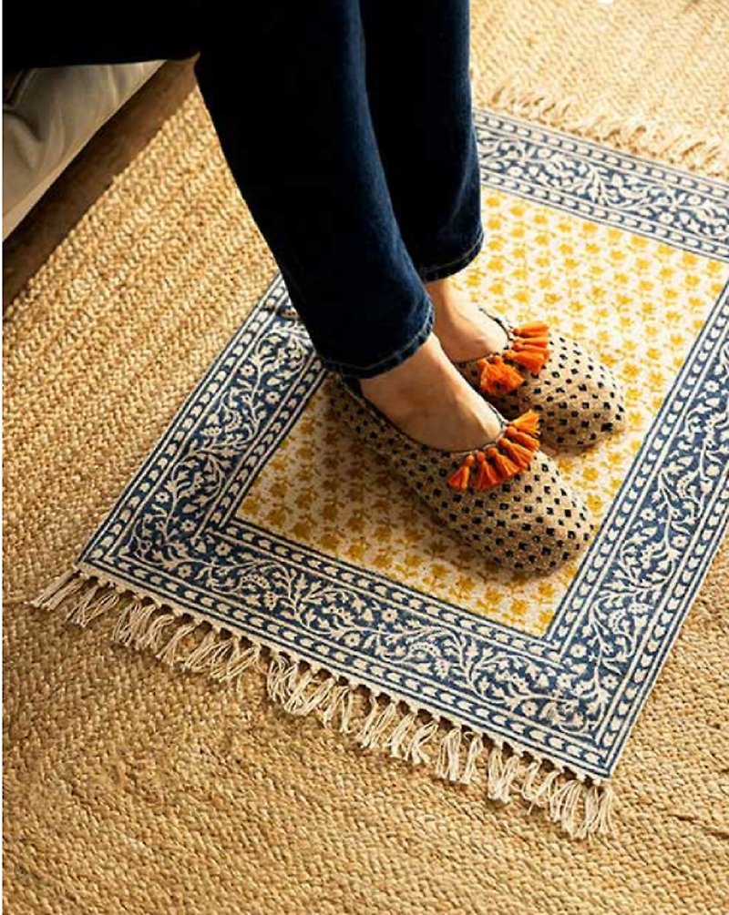 アースツリー フェアトレード フェアトレード -- インド製 手作り 木版画 プリント フロアマット (ミディアムイエローフラワー) - 絨毯・カーペット - コットン・麻 