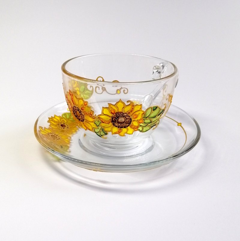 Sunflower tea cup and saucer personalised Yellow flower mug Hand painted tea cup - ถ้วย - แก้ว สีเหลือง