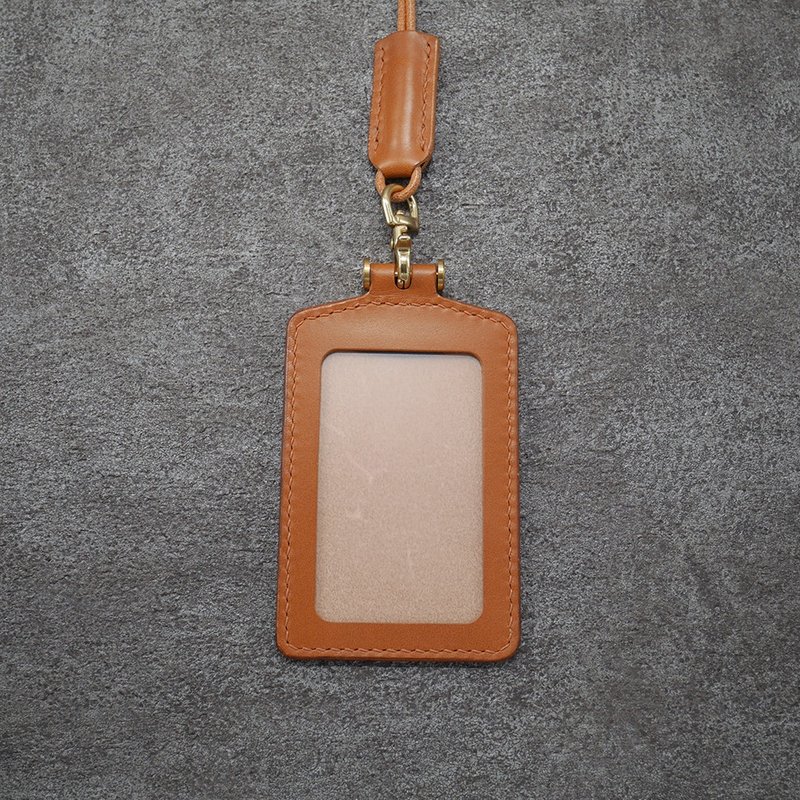 Vegetable tanned leather straight identification card holder-golden Brown custom branding - ที่ใส่บัตรคล้องคอ - หนังแท้ สีกากี