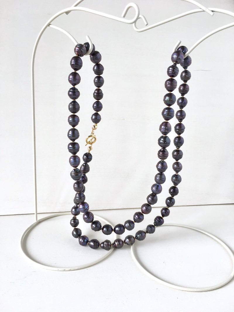 Black Freshwater circle Pearl simple long necklace - Long Necklaces - Pearl Black