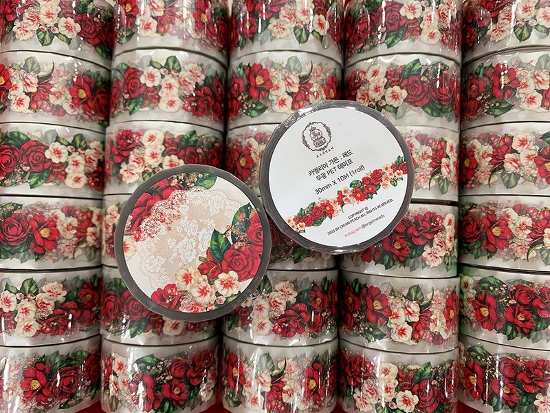 Camellia Garden Red PET tape - 紙膠帶/和紙/PET - 紙 