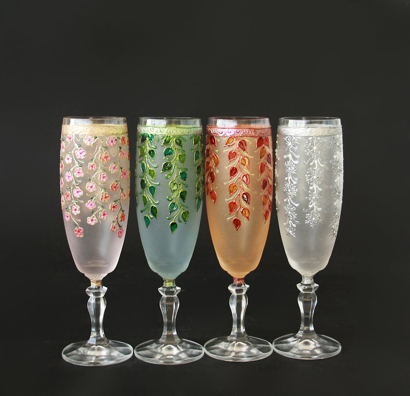Four Seasons Set Champagne Glasses Hand painted - แก้วไวน์ - แก้ว หลากหลายสี