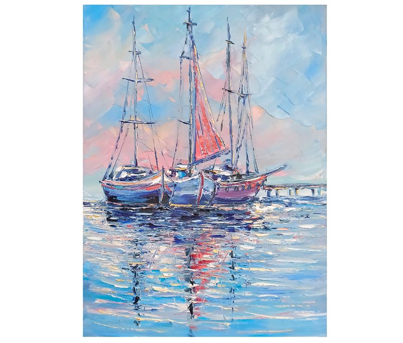 Boat Oil Painting Seascape Original Art Impasto Wall Art Canvas 原創油畫 - Posters - Other Materials Blue