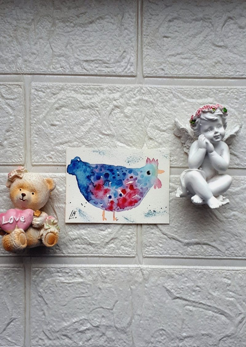 Original ACEO Chicken Painting Farmhouse Animals Miniature Collectible Art - 壁貼/牆壁裝飾 - 紙 多色