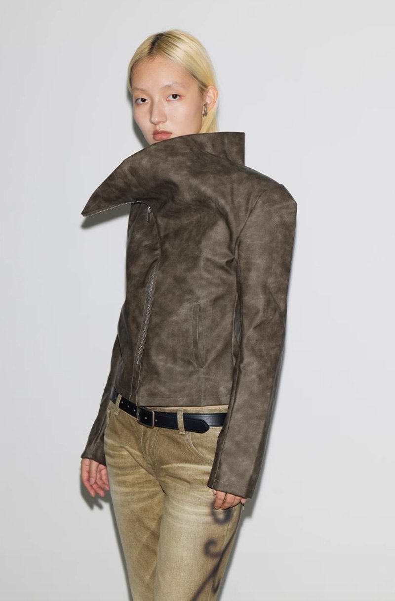 Leather Jacket 復古洗褪墊肩皮衣夾克 - 女上衣/長袖上衣 - 其他材質 咖啡色