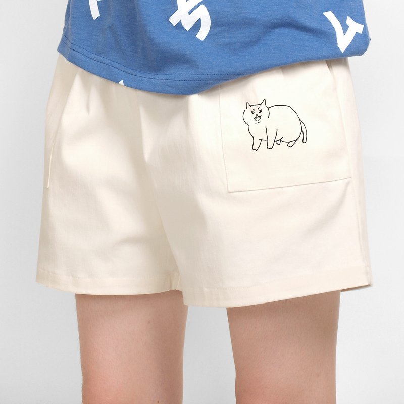 【HEYSUN】White Cat Screen Printing Short Pant - Beige - Women's Pants - Paper White