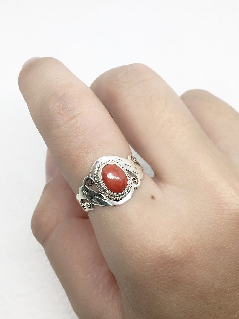 Coral stone 925 sterling silver carved design ring Nepal handmade mosaic production (style 2) - General Rings - Gemstone Red